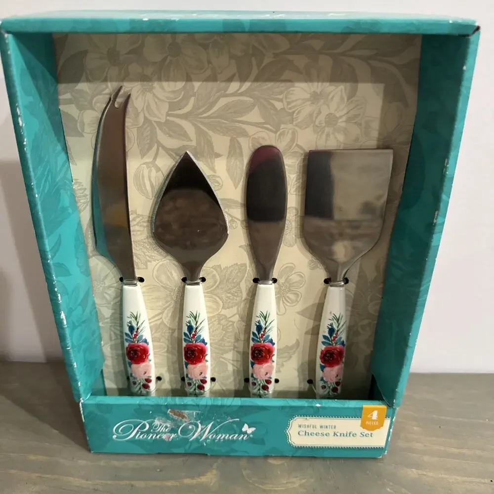 Pioneer Woman 4 PC Cheese Knife Spreader Set Wishful Winter Floral Pattern, NEW